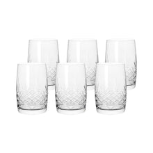 Set of six clear crystal glasses with faceted diamond pattern in Scandinavian minimal design style