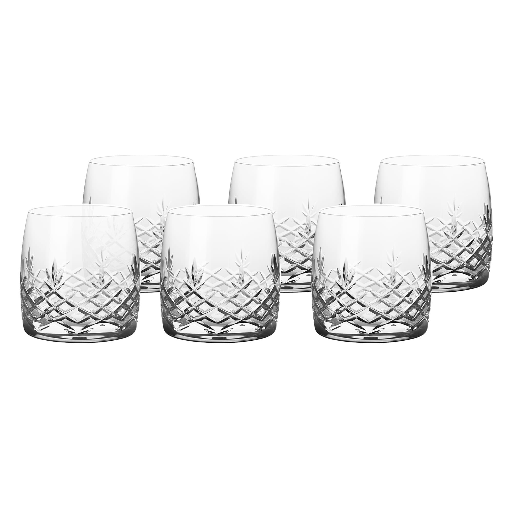 Set of six clear crystal glasses with faceted diamond pattern, Scandinavian minimalist design by Frederik Bagger