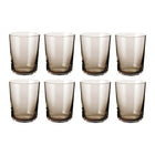 Set of eight Scandinavian minimalist smoked glass water glasses with a classic cylindrical shape and subtle brown tint.
