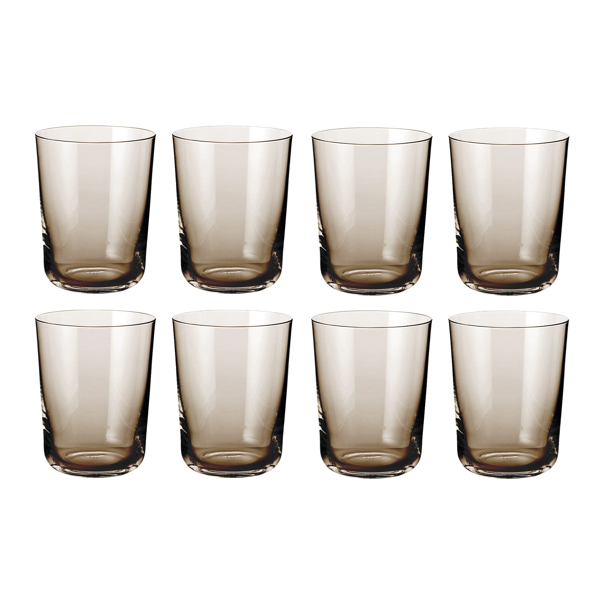 Set of eight Scandinavian minimalist smoked glass water glasses with a classic cylindrical shape and subtle brown tint.