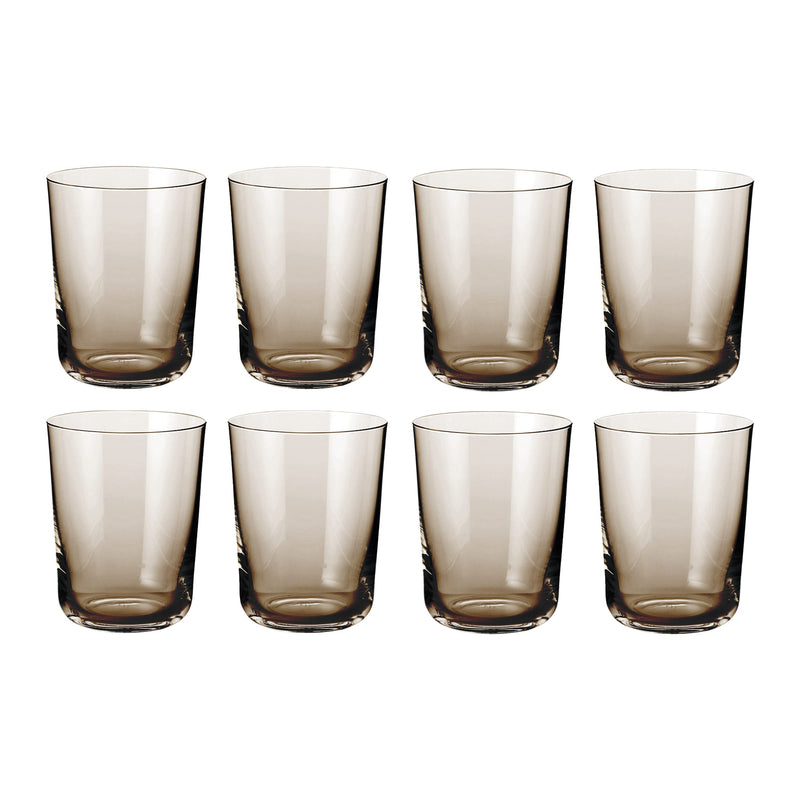 Set of eight Scandinavian minimalist smoked glass water glasses with a classic cylindrical shape and subtle brown tint.