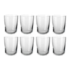 Set of eight clear Scandinavian water glasses with a classic cylindrical shape, showcasing minimalist design by Frederik Bagger.
