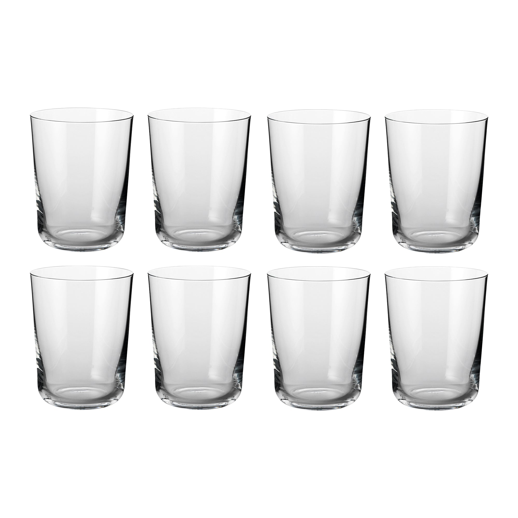 Set of eight clear Scandinavian water glasses with a classic cylindrical shape, showcasing minimalist design by Frederik Bagger.