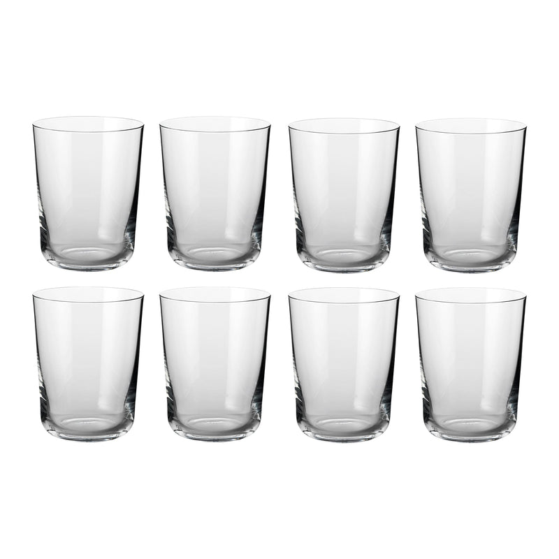 Set of eight clear Scandinavian water glasses with a classic cylindrical shape, showcasing minimalist design by Frederik Bagger.