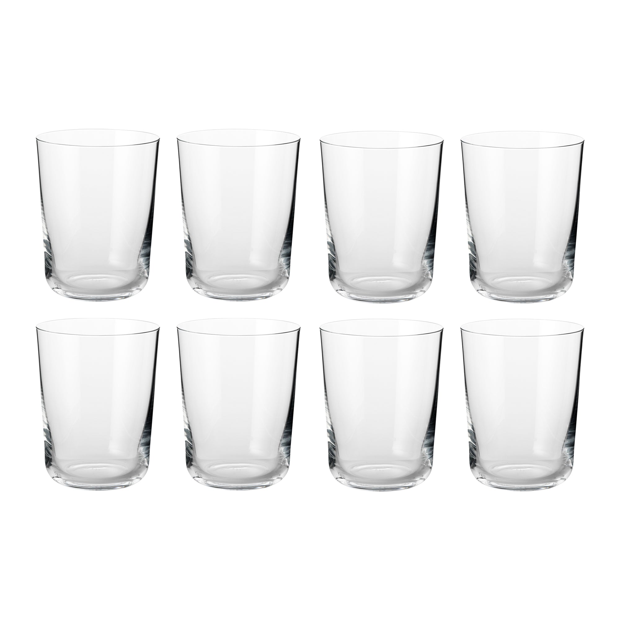 Set of eight clear cylindrical water glasses in minimalist Scandinavian design by Frederik Bagger.