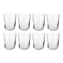 Set of eight clear cylindrical water glasses in minimalist Scandinavian design by Frederik Bagger.