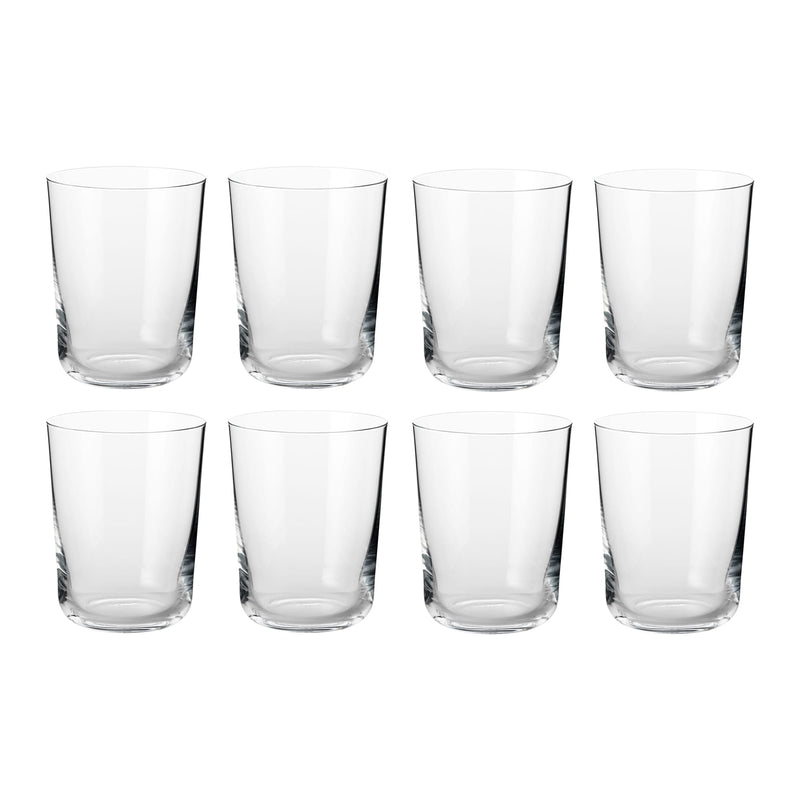 Set of eight clear cylindrical water glasses in minimalist Scandinavian design by Frederik Bagger.