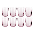 Set of eight clear pink tinted water glasses with Scandinavian minimal design and cylindrical shape.