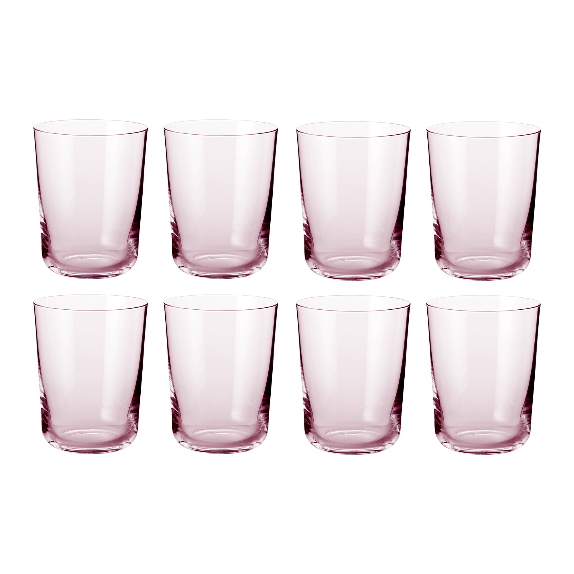 Set of eight clear pink tinted water glasses with Scandinavian minimal design and cylindrical shape.