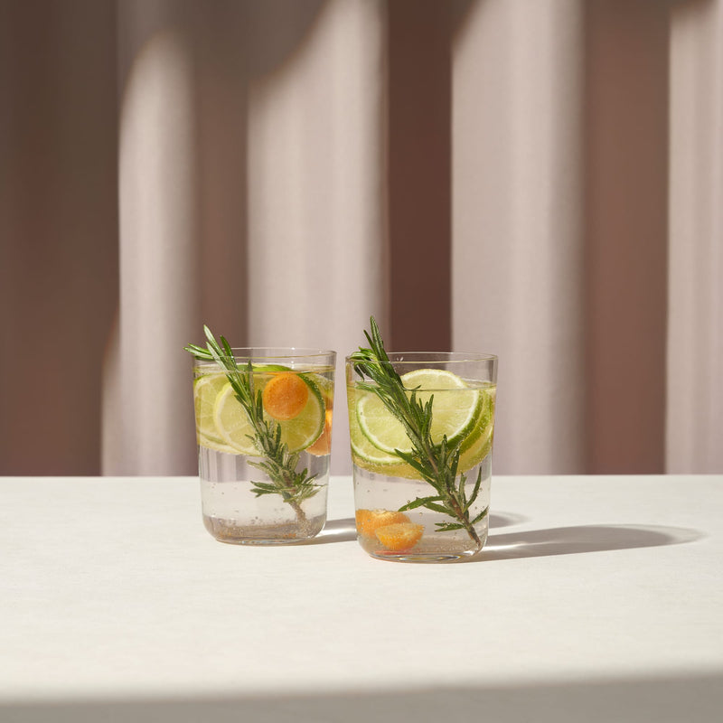 Two clear Scandinavian-style water glasses with lemon, herb, and orange slices on a light surface and soft background.