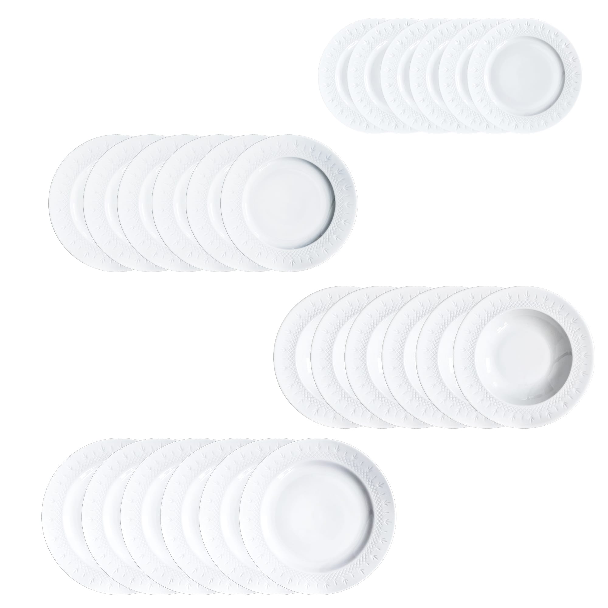 Sets of white porcelain plates with subtle textured edges in a Scandinavian minimal design style