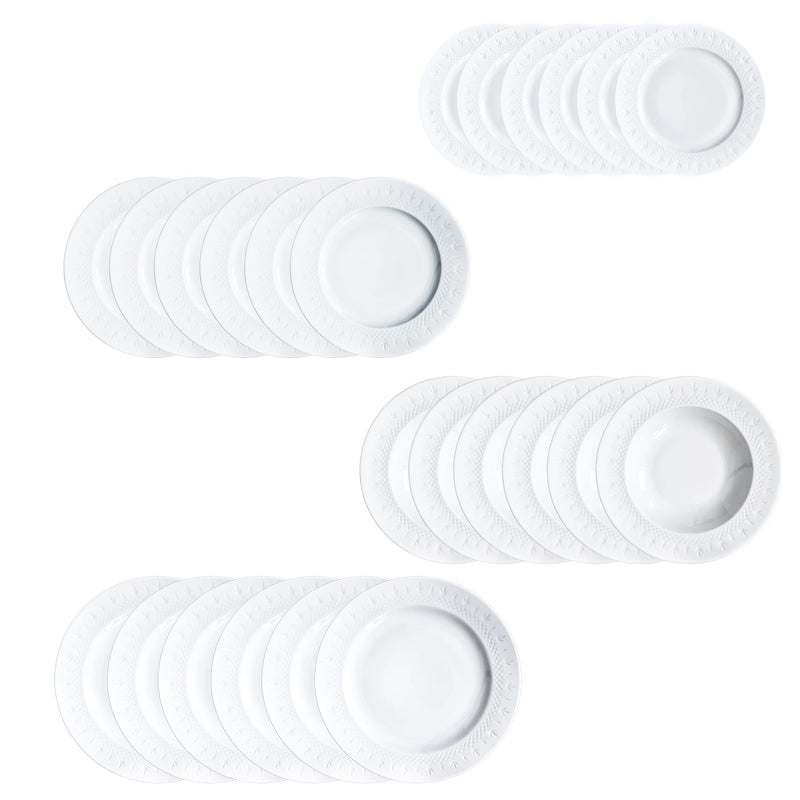 Sets of white porcelain plates with subtle textured edges in a Scandinavian minimal design style