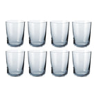 Set of eight clear Scandinavian design water glasses with a classic cylindrical shape and minimalist finish.