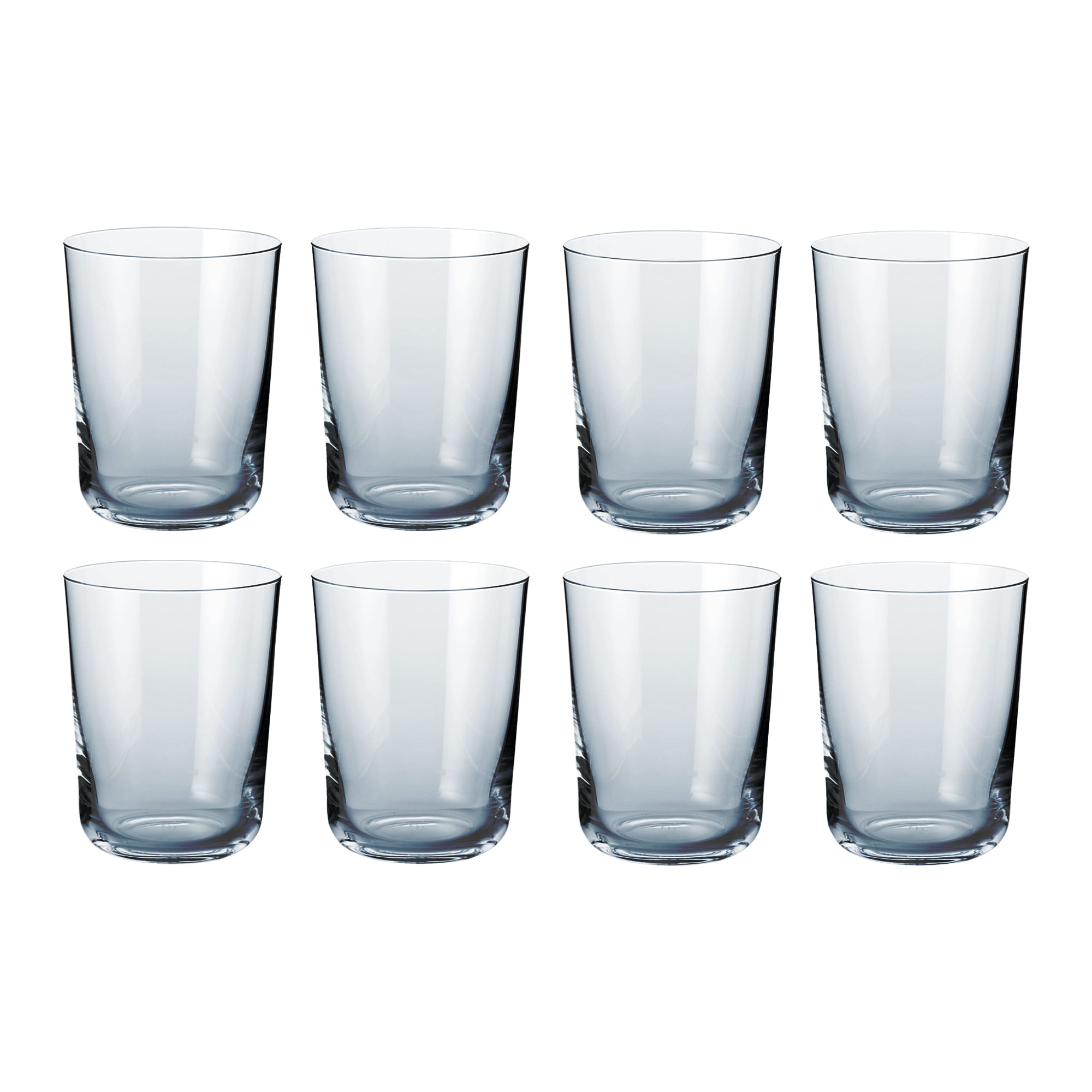 Set of eight clear Scandinavian design water glasses with a classic cylindrical shape and minimalist finish.